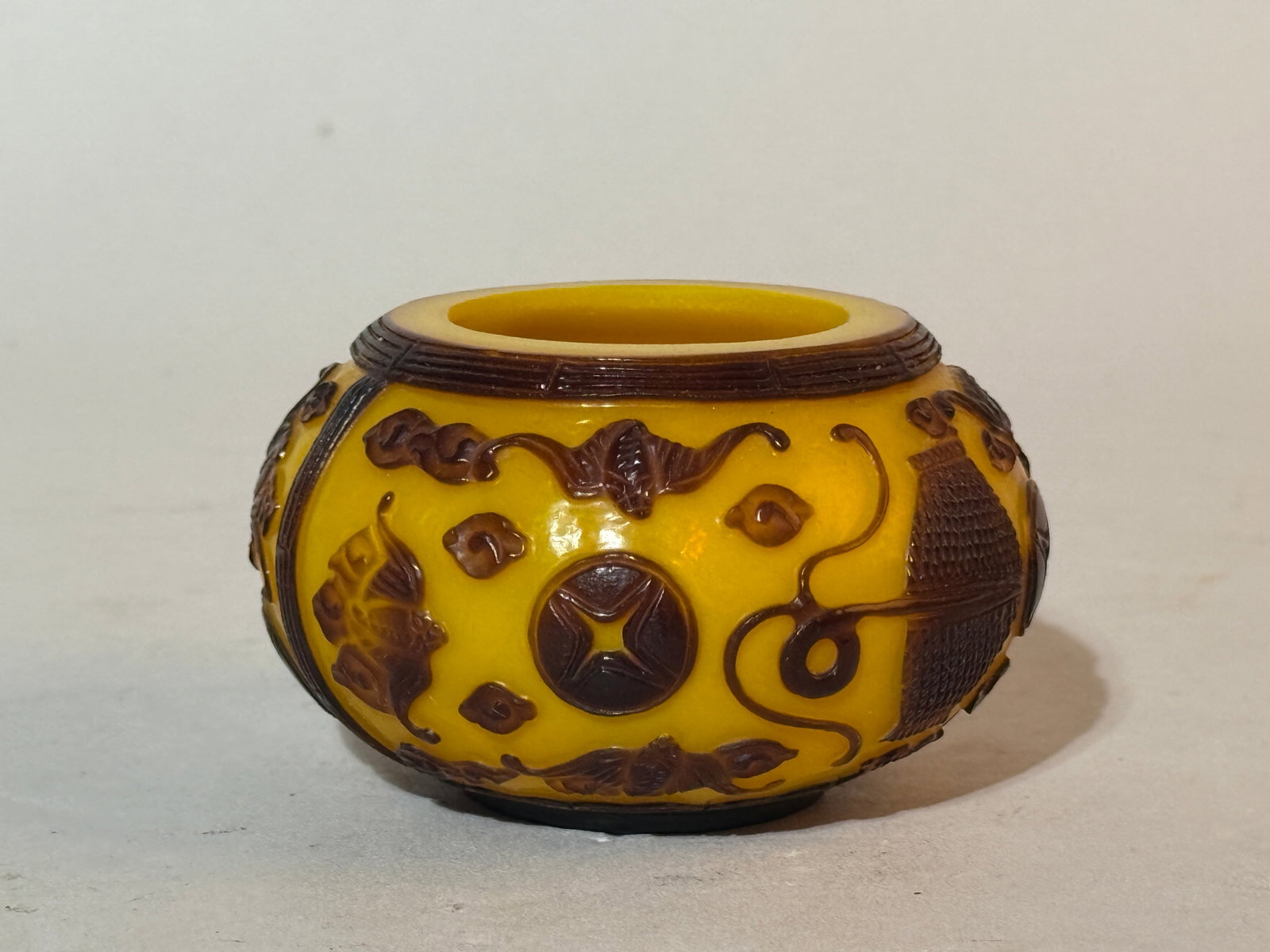 A Chinese Carved Yellow Peking Glass Scholar Bowl: 3"dia Shipping: We offer in-house shipping services for most small items. This means that we will take care of packing and shipping the items directly to you. For larger or specialized items, we recom
