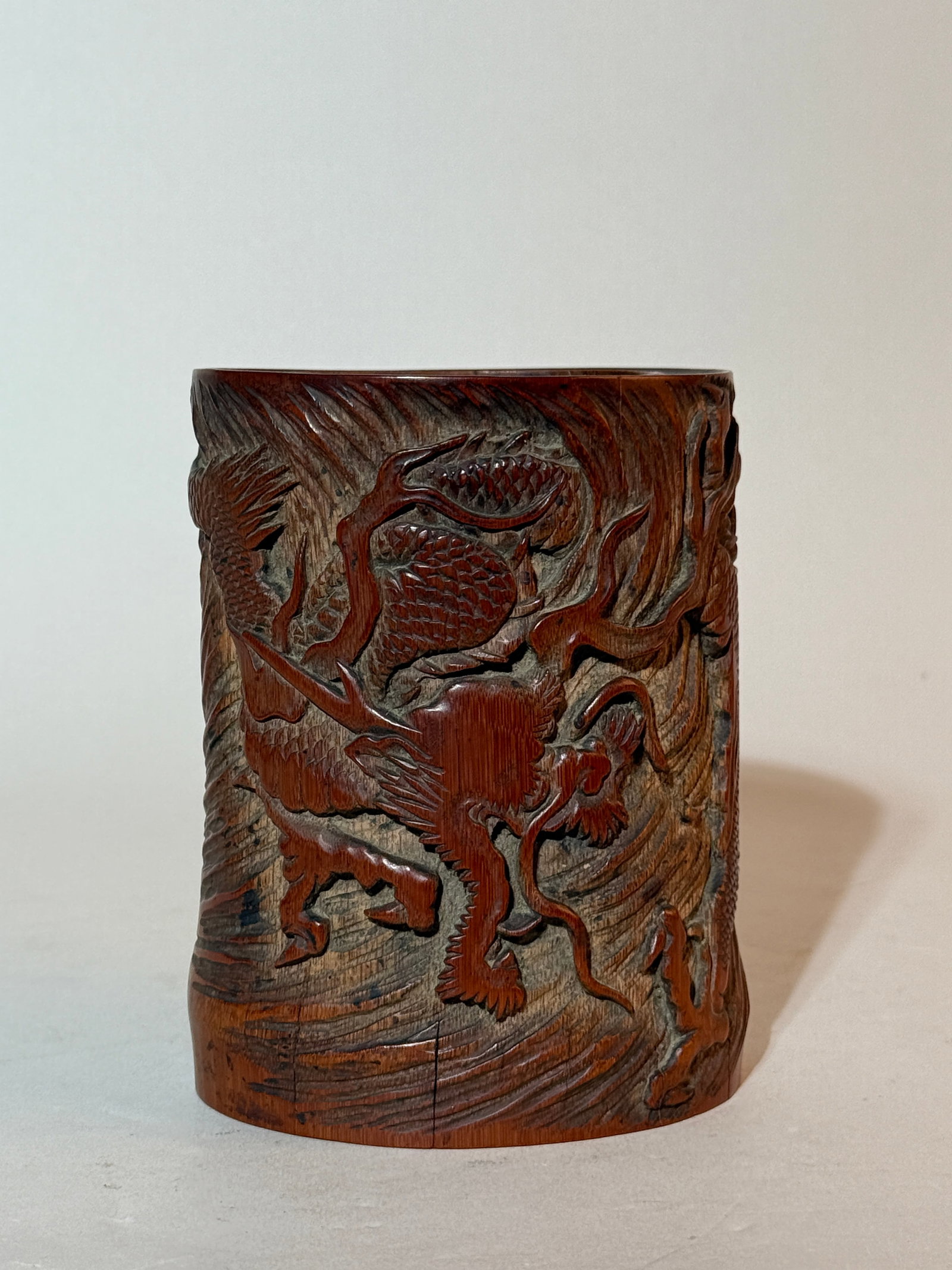 Japanese Bamboo Brushpot with Dragon: meiji period, 5.2"ht Shipping: We offer in-house shipping services for most small items. This means that we will take care of packing and shipping the items directly to you. For larger or specialized 