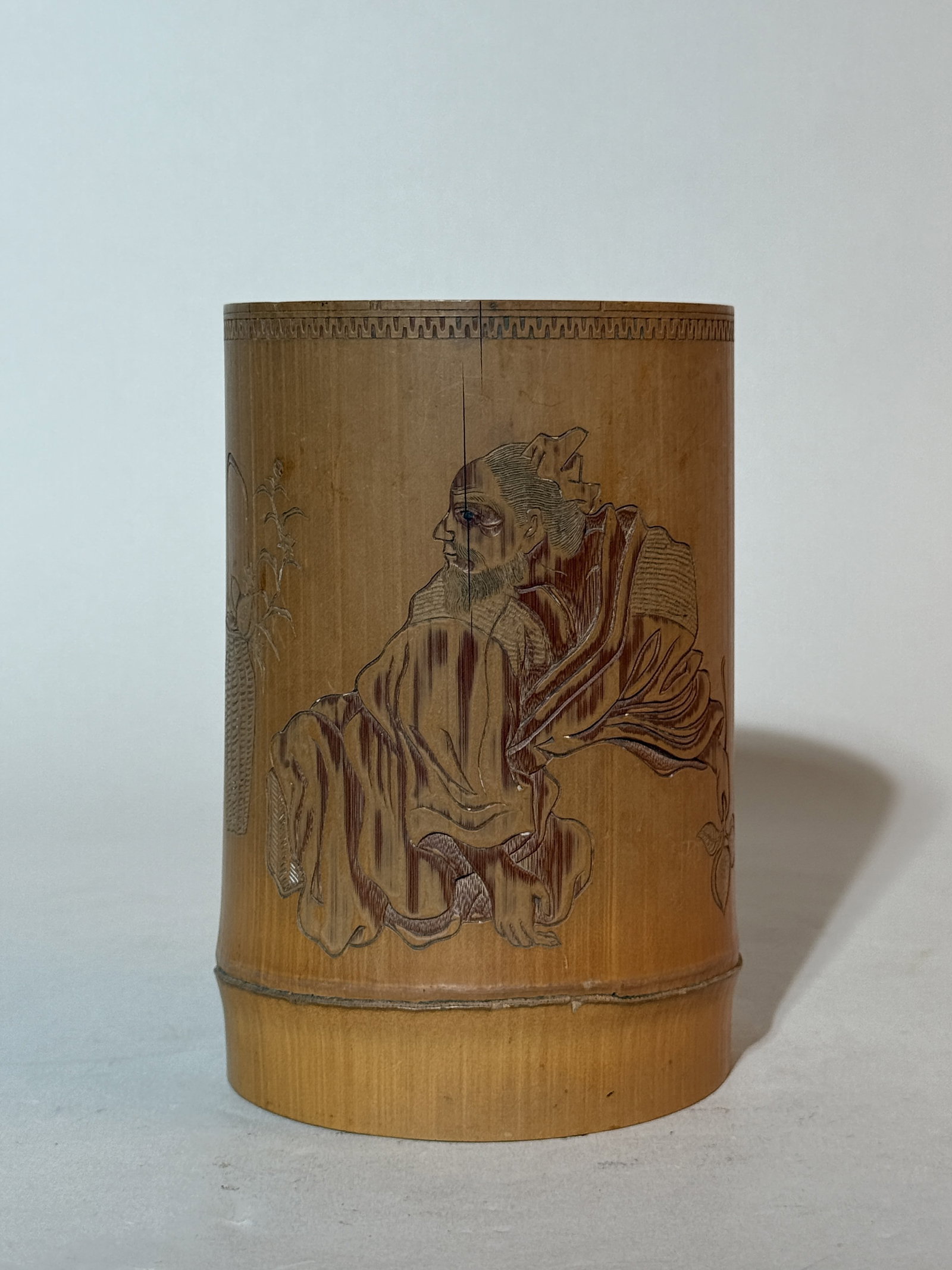 A Japanese Carved Bamboo Brush Pot with Sage Decoration: 5.5"ht 3.5"dia Shipping: We offer in-house shipping services for most small items. This means that we will take care of packing and shipping the items directly to you. For larger or specialized items,