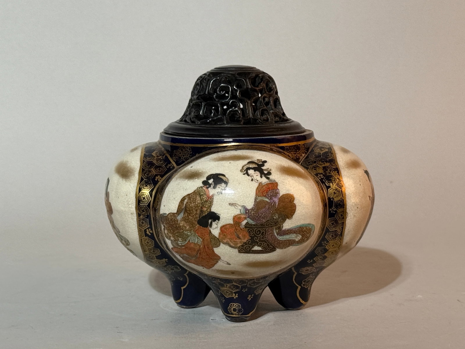 A Japanese Satsuma Koro with Wood Cover: 6"w 5"ht Shipping: We offer in-house shipping services for most small items. This means that we will take care of packing and shipping the items directly to you. For larger or specialized items, we re