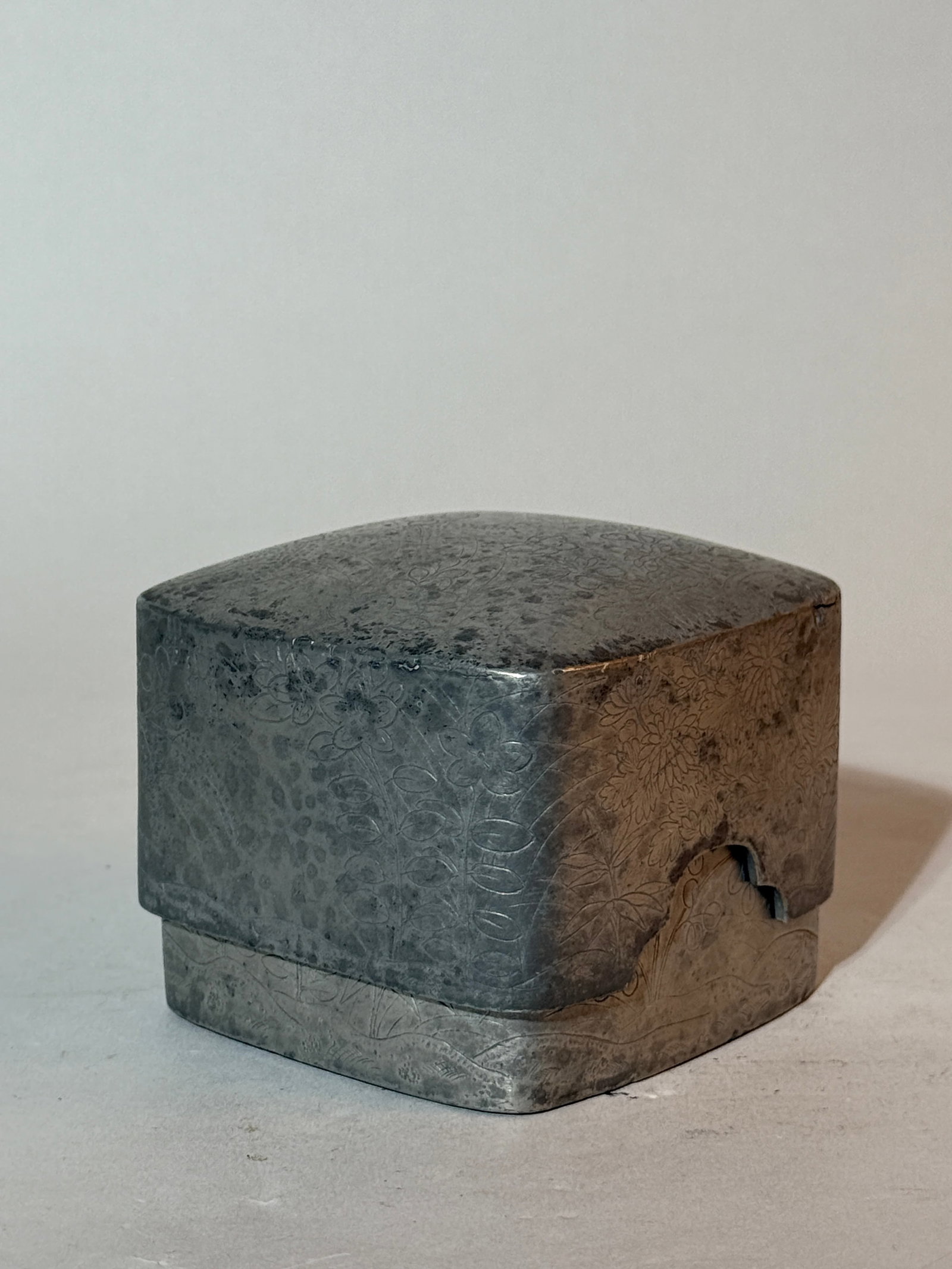 A Japanese Pewter Box and Cover with Floral Decoration, Edo Period: 4" at widest point Shipping: We offer in-house shipping services for most small items. This means that we will take care of packing and shipping the items directly to you. For larger or specialized