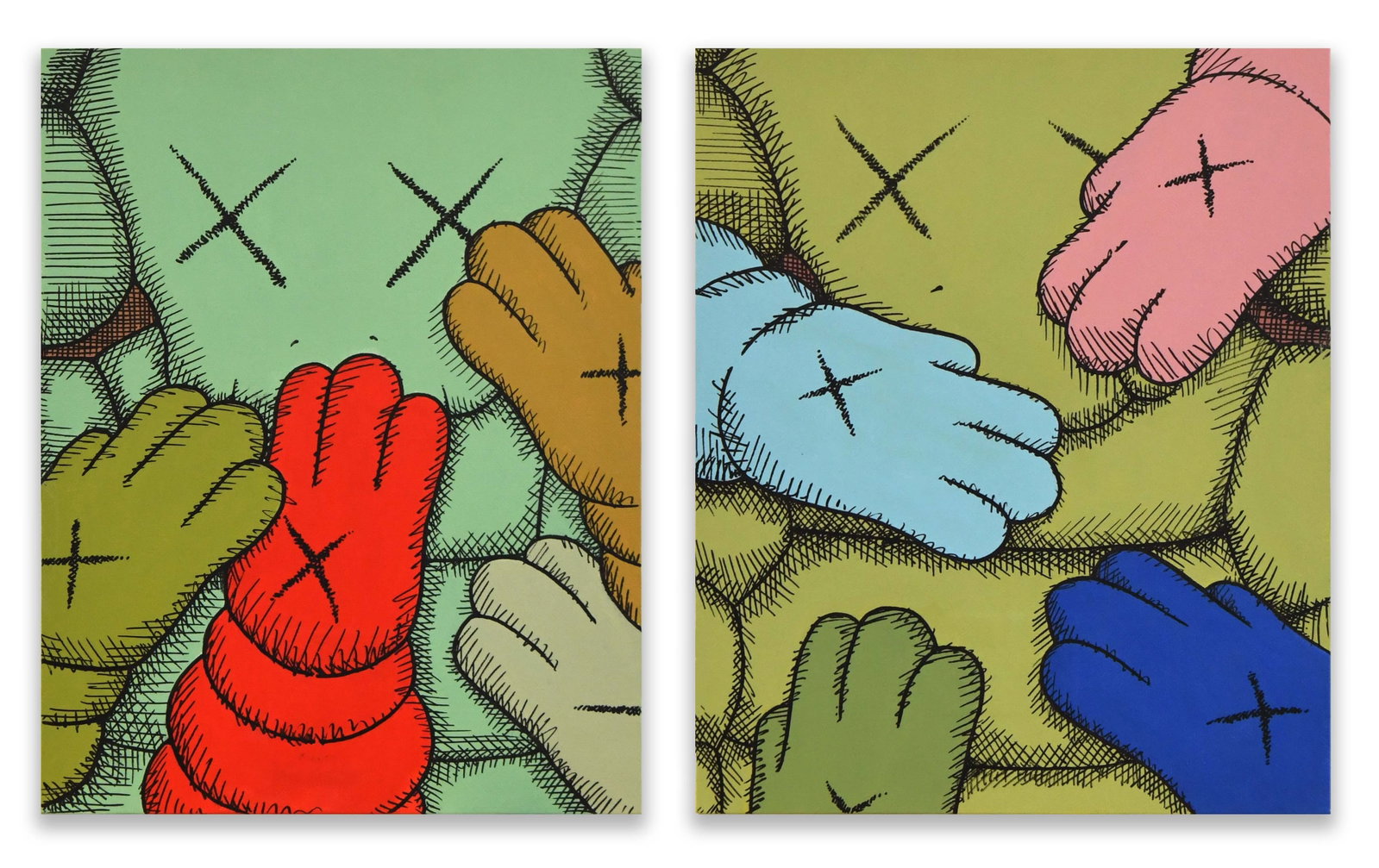 Kaws (B. 1974), Urge No. 8 and Urge No. 9, 2021, Acrylic on Canvas (1 of 2)