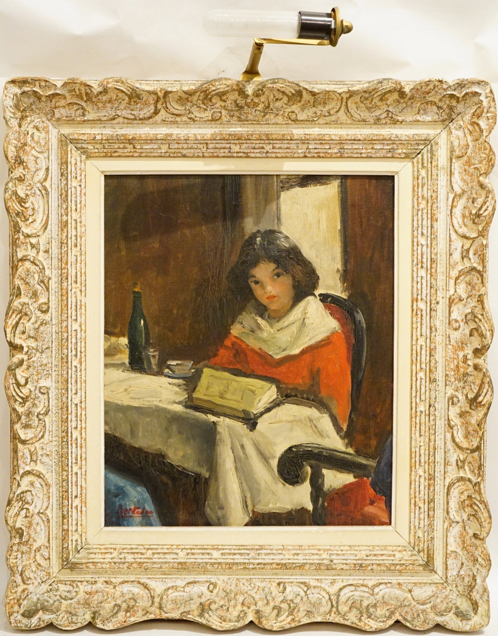 Bertalan Vigh (Hungarian, 1890-1946), Girl Seated by the Table, Oil on Canvas: Approximate size: frame 27x24 in/image 18x15 in Shipping: We offer in-house shipping services for most small items. This means that we will take care of packing and shipping the items directly to