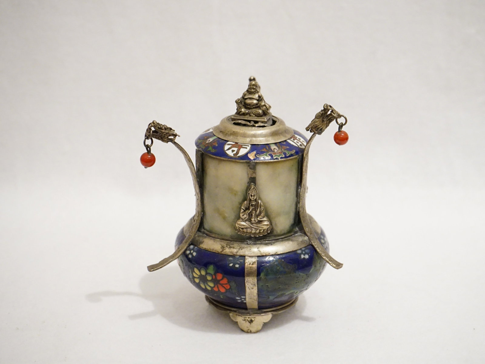 19th Century Chinese Silver, Jade & Cloisonne Censer: Approximate size: 5x4x4 in Shipping: We offer in-house shipping services for most small items. This means that we will take care of packing and shipping the items directly to you. For larger or