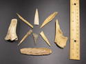 Seven Prehistoric Indian Bone Awls or Tools, Flint Knife and A Flint Arrowhead