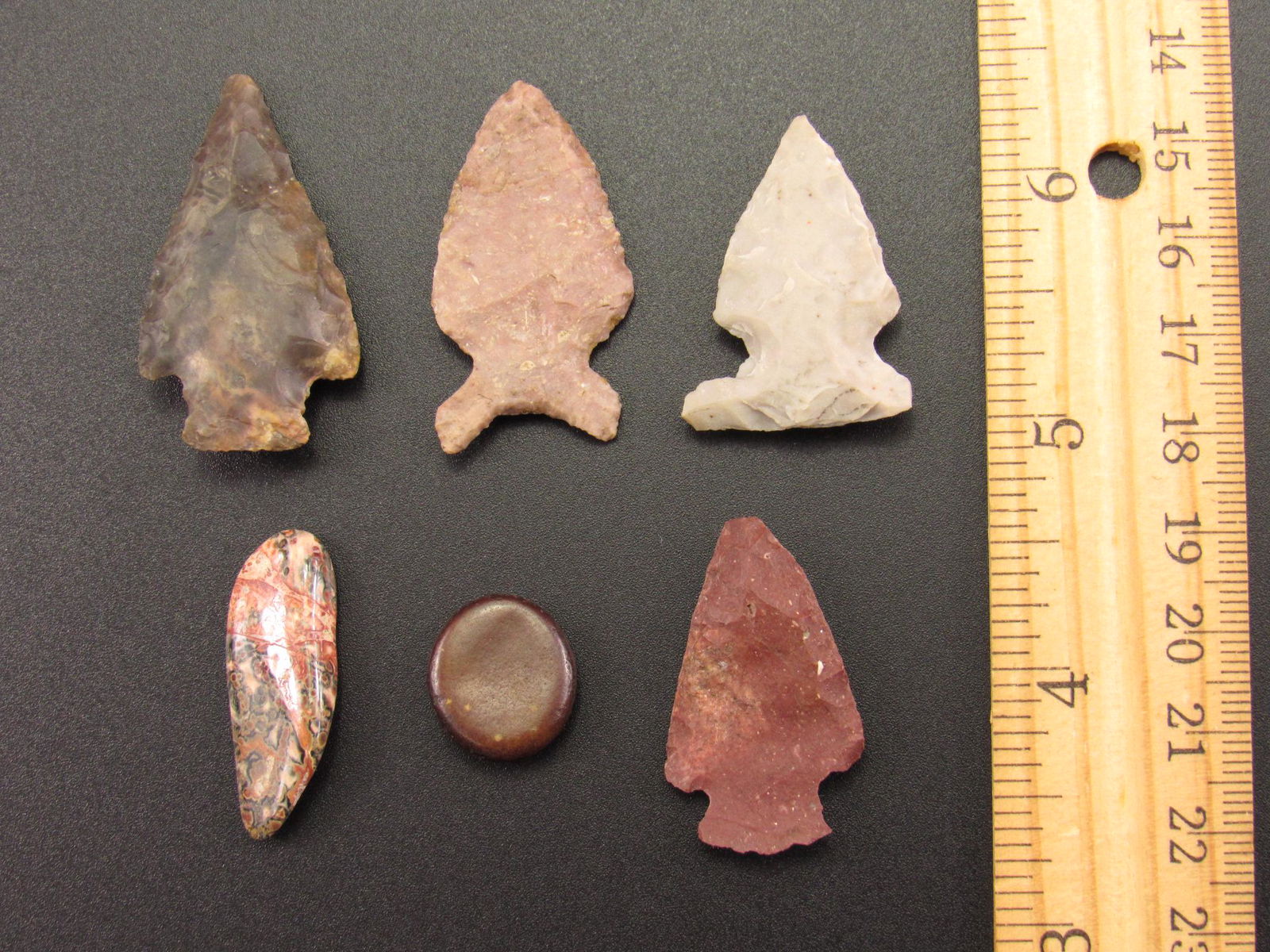 Four Indian Arrowheads and Two Polished Stones (1 of 2)