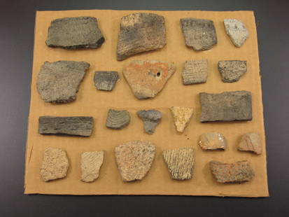 Nice Grouping of Native American Indian Pottery Shards: Nice Grouping of Indian pottery shards old estate in Richmond, Virginia. The pieces of pottery are glued to the carboard backing.