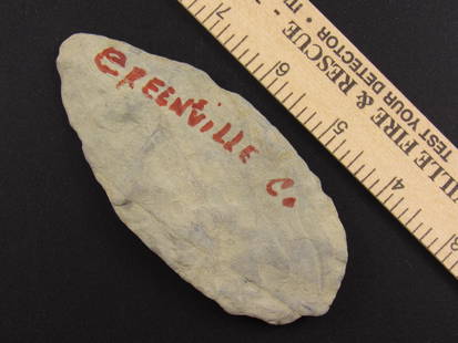 Beautiful Native American Indian Stone Arrowhead Blade: Very Nice Native American stone blade from an old estate in Richmond, Virginia. Writing on one side indicates "Greensville Co.".