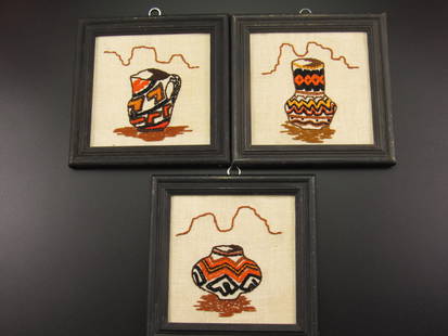 Set of Three Vintage Framed Native American Wall Art Pieces: Set of three nice pieces of framed Indian wall art from an estate in Kentucky. These vintage pieces have the artist's name of "Teeny" written on the back with a date of 1978.