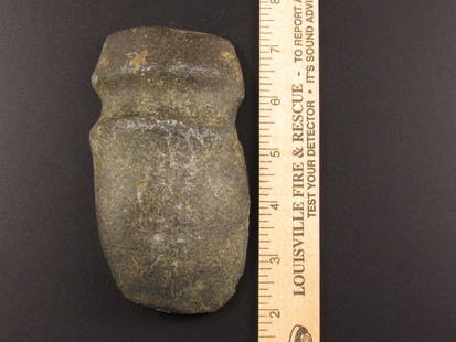 Prehistoric Native American Indian Grooved Stone Axe Head: Nice Native American grooved stone axe head. Tag on one side indicates that it is from Wisconsin. Ex Ted Kouba family collection.