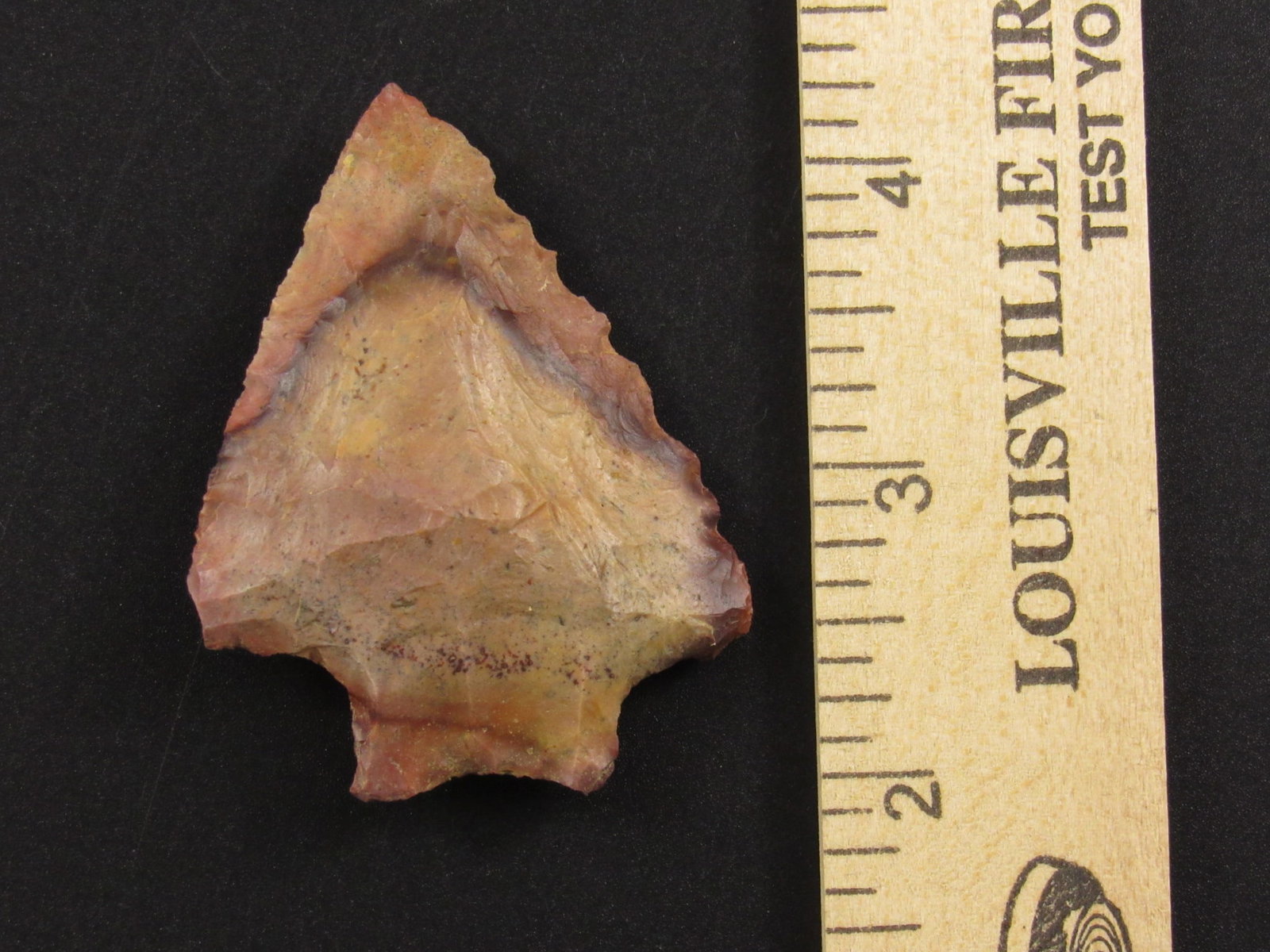Very Colorful Prehistoric Native American Flint Arrowhead: Very colorful Indian flint arrowhead from Florida. Ex B. Bowles collection.