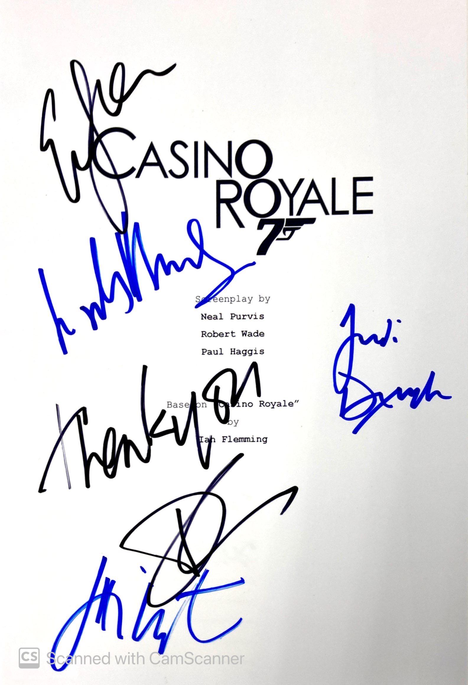 Autograph Signed Script Cover James Bond Casino Royale: Category: Autograph Collectibles Script CoverAutograph: Daniel Craig, Eva Green, Mads Mikkelsen,Judi Dench, Jeffrey WrightSize: 8 x 10