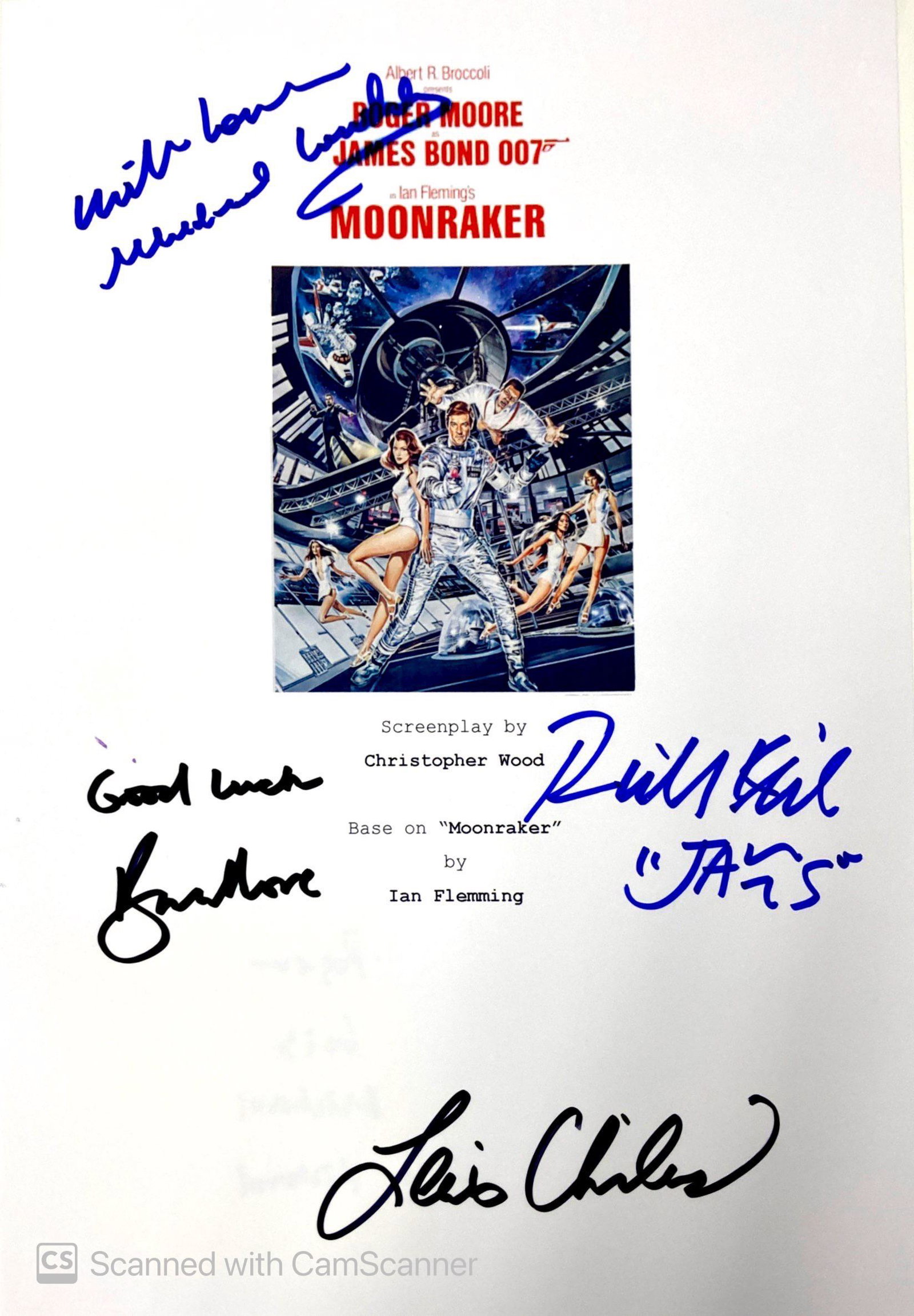 Autograph Signed Script Cover James Bond Moonraker: Category: Autograph Collectibles Script CoverAutograph: Roger Moore, Lois Chiles, Richard Kiel, Michael LonsdaleSize: 8 x 10