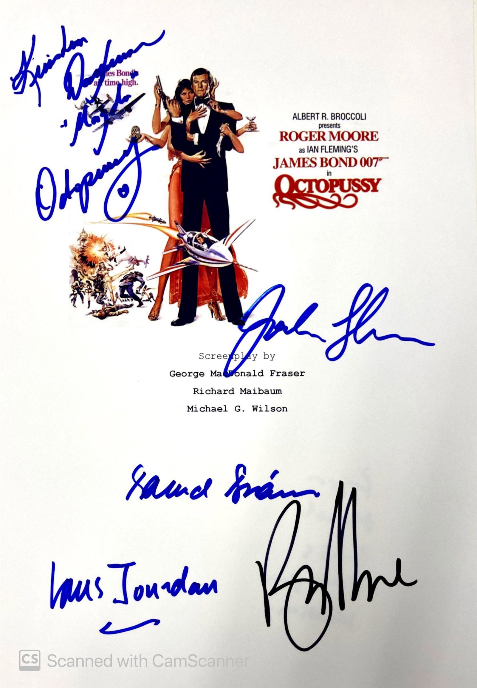 Autograph Signed Script Cover James Bond Octopussy: Category: Autograph Collectibles Script CoverAutograph: Roger Moore, Maud Adams, Louis Jourdan, Kristina Wayborn, John GlenSize: 8 x 10