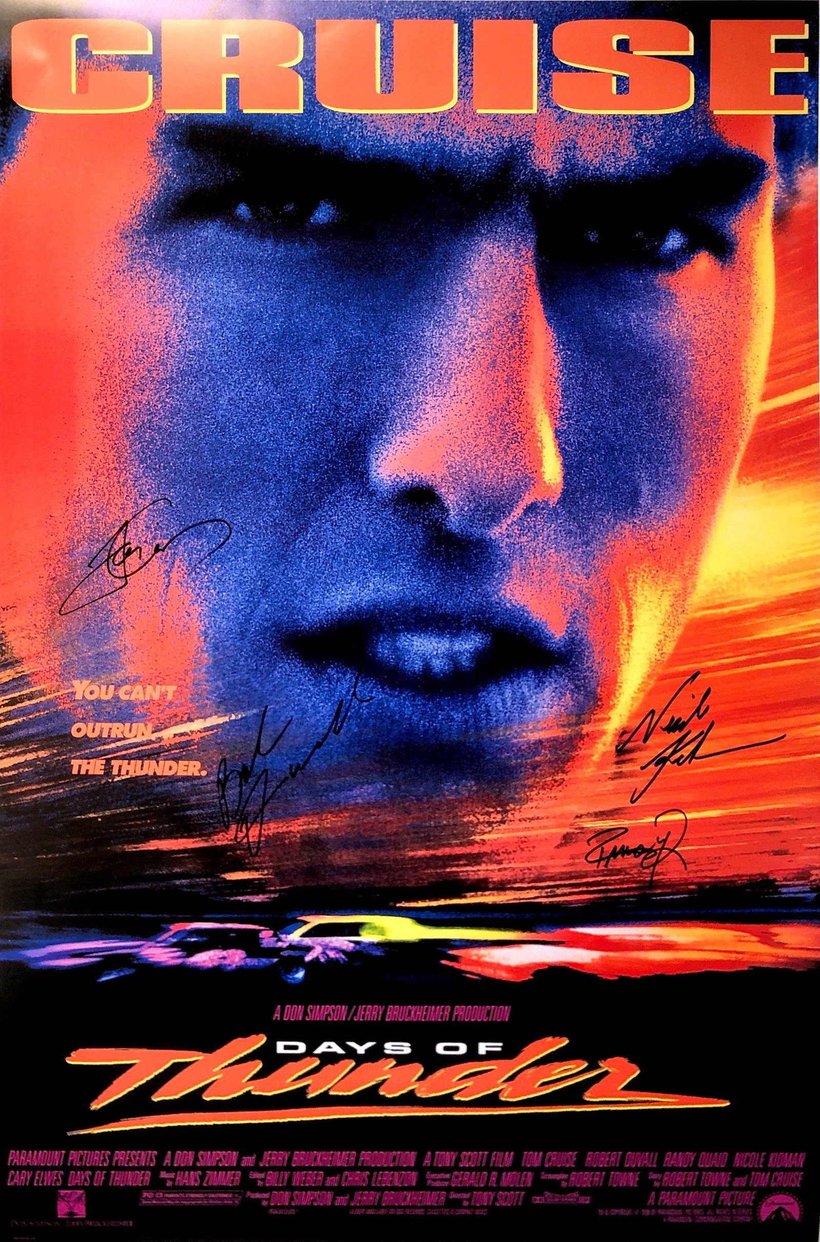 Autographed Days of Thunder Poster: Category: Autographed CollectiblesAutographed Includes: Tom Cruise, Robert Duvall, Nicole Kidman, Randy QuaidSize : 24' x 36''Excellent Condition