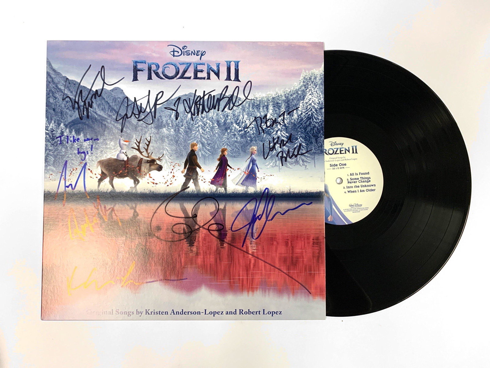 Autograph Frozen Vinyl: Autograph Name(s): Kristen Bell, Idina Menzel, Josh Gad, Jonathan Groff, Chris Buck, Jennifer Lee, Evan Rachel Wood, Robert Lopez, Kristen Anderson LopezProduct Condition: VintageWe offer combined shi