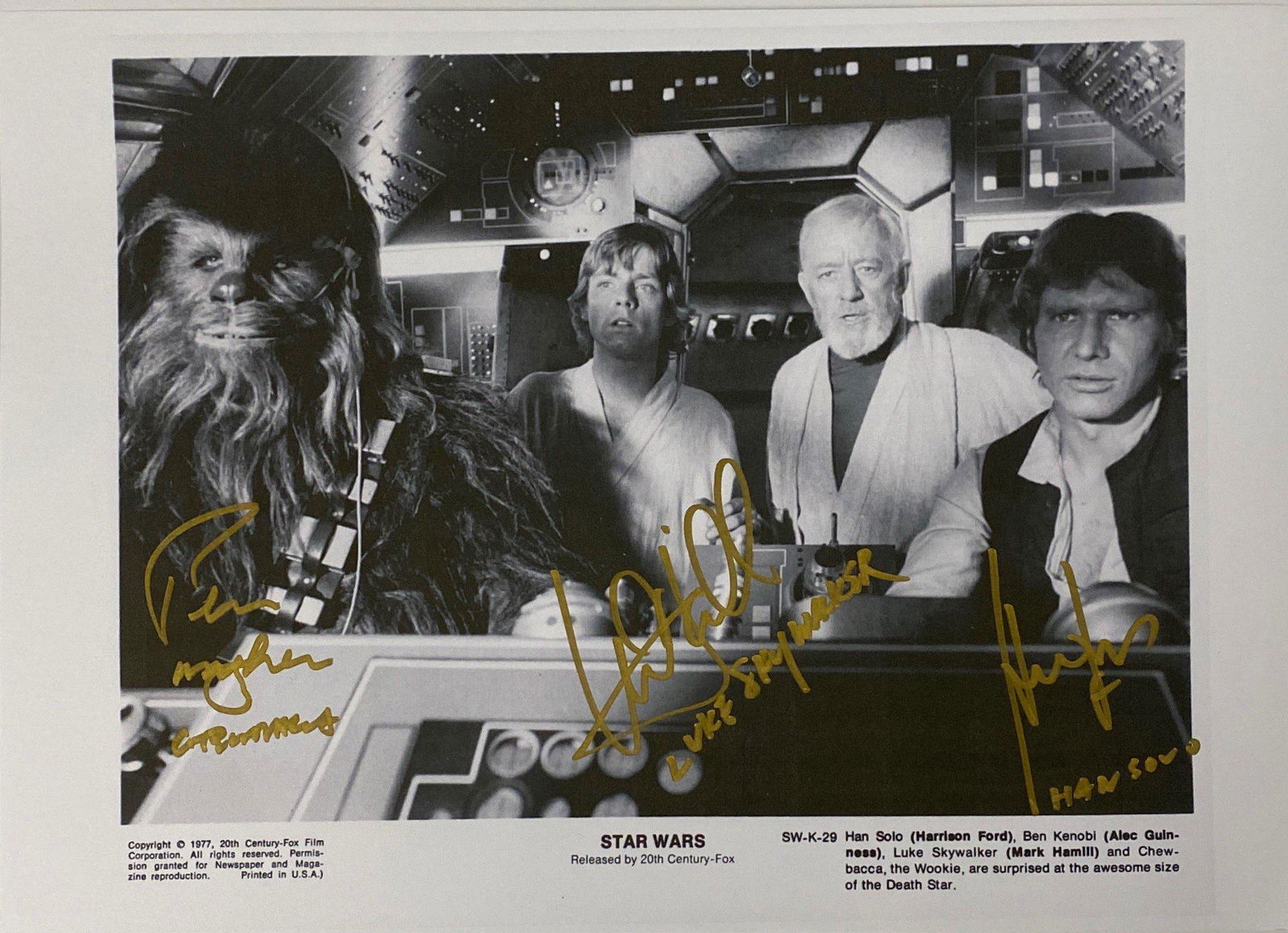 Autograph Signed Star Wars Press Kit Photo: Autograph By: Peter Mayhew, Mark Hamill, Harrison FordExcellent Condition and Certified