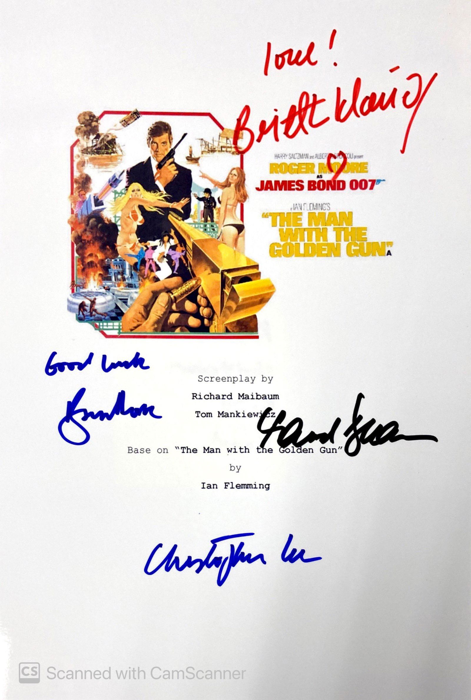 Autograph Signed Script Cover James Bond The Man with the Golden Gun: Category: Autograph Collectibles Script CoverAutograph: Roger Moore, Yaphet Kotto, Christopher Lee, Britt Ekland, Maud AdamsSize: 8 x 10