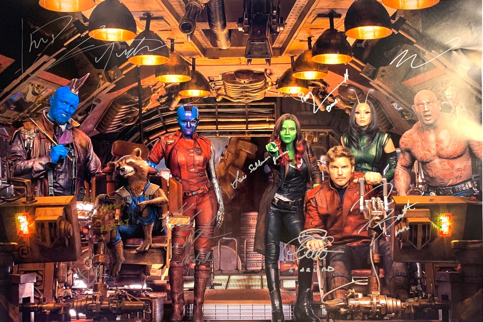Autographed Guardians of the Galaxy: Vol. 2 Poster: Category: Autographed CollectiblesAutographed Includes: Chris Pratt, Zoe Saldana, Dave Bautista, Vin Diesel, Bradley Cooper, Michael Rooker, Karen Gillan, Pom Klementieff, Sean GunnSize : 24' x 36'Exc