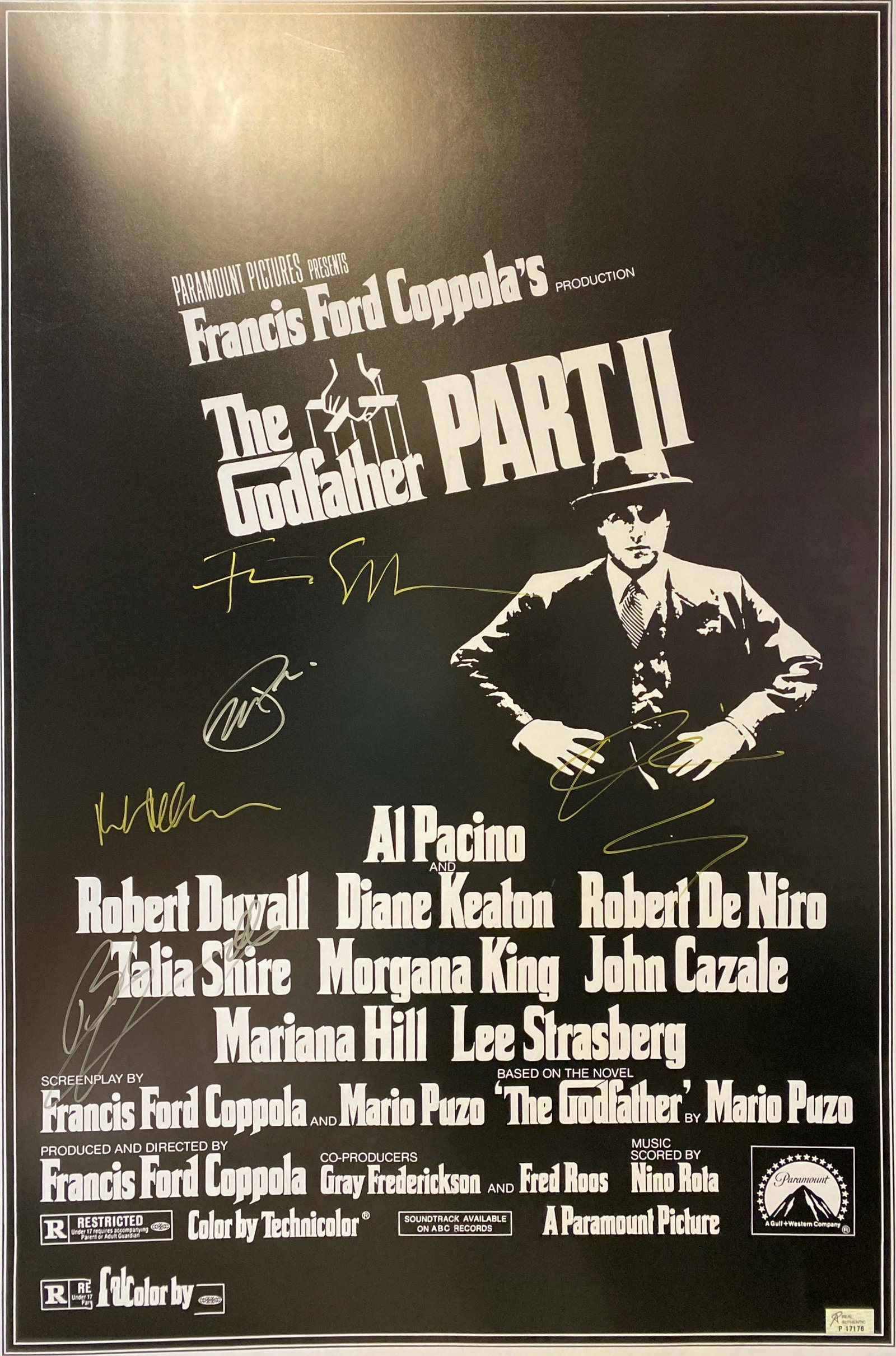Autographed Godfather Part 2 Al Pacino Poster: Category: Autographed CollectiblesAutographed By: Francis Ford Coppola, Robert De Niro, Robert Duvall, Diane Keaton, Al PacinoSize : 24' x 36''Excellent Condition