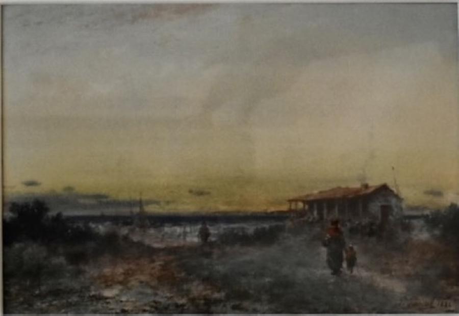 Paul Pascal: A gouache of a landscape and village. It is signed at the bottom right by Paul Pascal (1839-1905) and dated 1886. Without the frame the piece is 21 x 30 cm and in good condition.