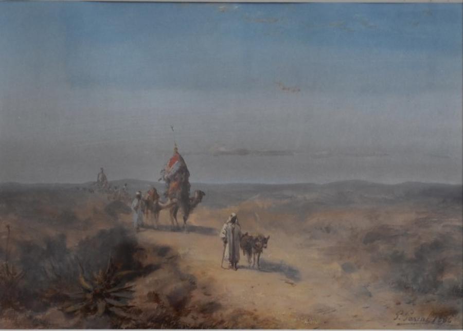 Paul Pascal: A landscape with bedoine travelers by Paul Pascal (1839-1905) dated 1886.The gouache is signed bottom right, without the frame it is 21 x 30 cm and in good condition.