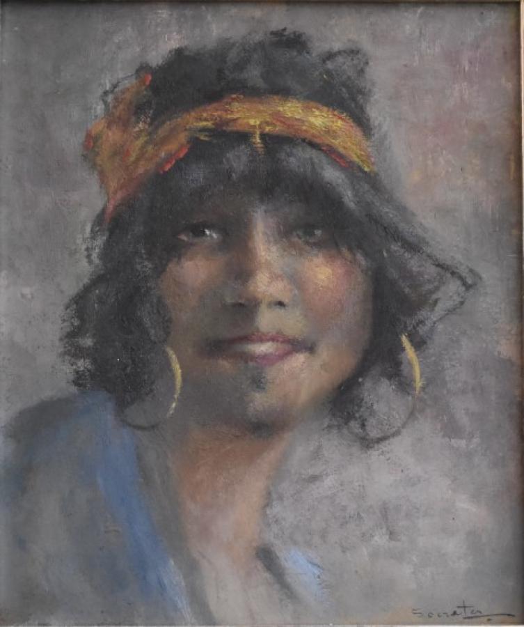 Socrates: Portrait of a beautiful Bedouin girl from Tunsian or Morocco by Socrates. The aquarelle is signed at the bottom right and without frame it is 31 by 20 cm.