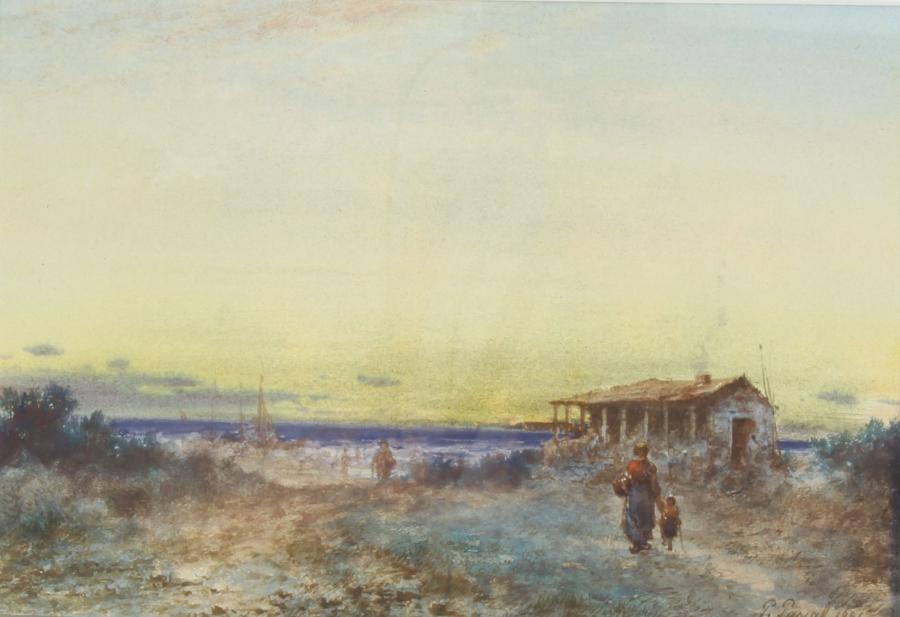 Paul Pascal: A gouache of a landscape and village. It is signed at the bottom right by Paul Pascal (1839-1905) and dated 1886. Without the frame the piece is 21 x 30 cm and in good condition.