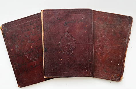 19th century North African Quran in three parts: Three parts of the Holy Quran written in the Moroccan script. It is handwritten in black and red ink by Sheikh Muhammad Ayali in the year 1231 AH (1813 AD).Each book contains 36 pages and is covered i