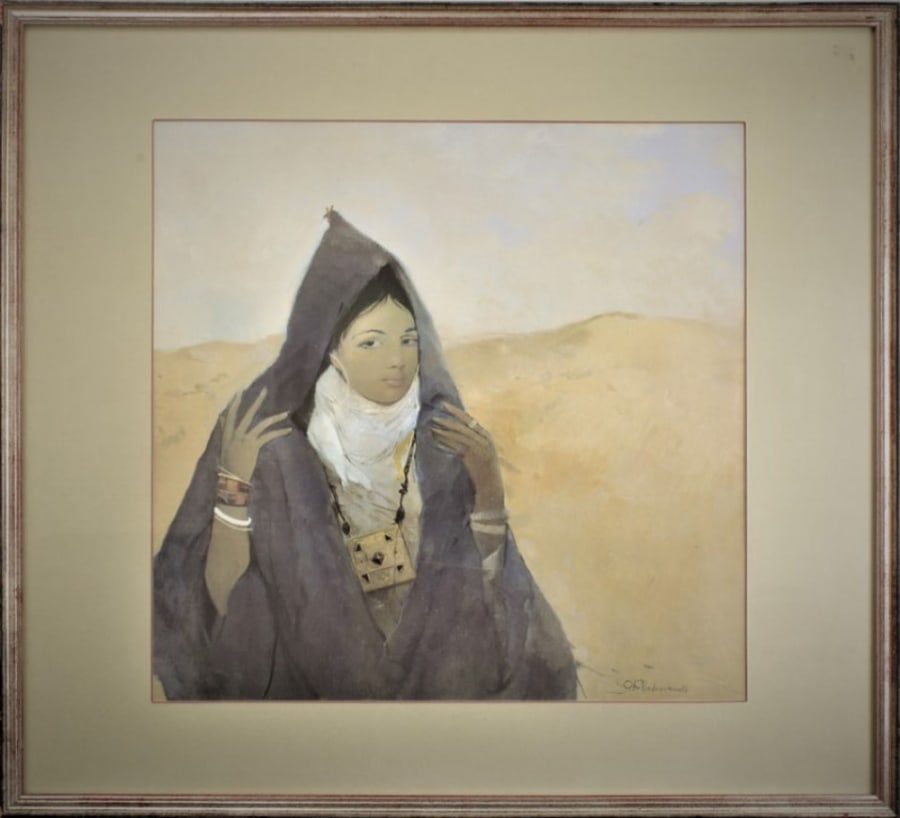 Painting of a Bedouin woman: A painting of a Bedouin woman. The gouache is framed and behind glass. It is signed and date '88. Dimensions: 75 by 70 cm with frame, 50 by 50 cm without frame. In very good condition.