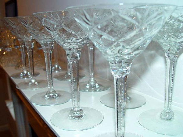 30 Fine Crystal Drinkware Glasses: 30 Fine Crystal Tumblers, Champagnes & Dessert pieces. These are thin and brilliant having a detailed cut pattern. 10 of each type comprise this 30 piece service. Minor rim nicks on a few pieces.