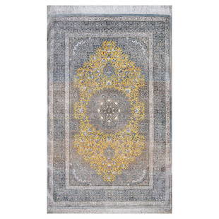 A Qum Carpet: A signed silk Qum carpet of saffron colors. Approx. 154x99cm 