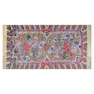 A Chinese Silk and Silver Thread Carpet: A Chinese silk and silver thread dragons design carpet. Approx. 179x95cm 