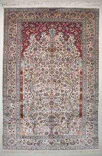 Kashan Carpet: A mid 20th century Kashan Arch design silk carpet. Approx. 216x138cm 