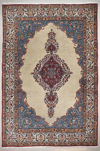 Qum Kafzada Carpet: A wool Qum Kafzada medallion design carpet with a beige background. Circa 1970. Approx. 203x138cm 