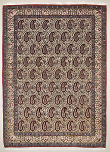 Qum Boteh Design Carpet: A mid 20th century wool Qum Boteh design carpet. Circa 1950. Approx. 203x139cm 