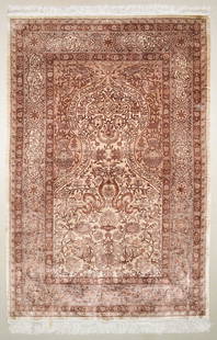 Hereke Silk Mehrab Carpet: A Hereke silk Mehrab design carpet with calligraphy. Approx. 196x122cm 