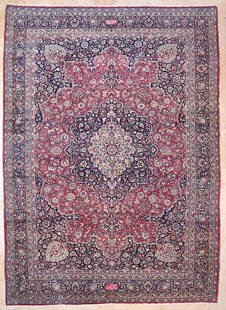 Mashad Carpet: A mid 20th century double signed wool Mashad Carpet of medallion design signed Amu Oghli and Baqer Zadeh. Circa 1950. Approx. 349X246cm 