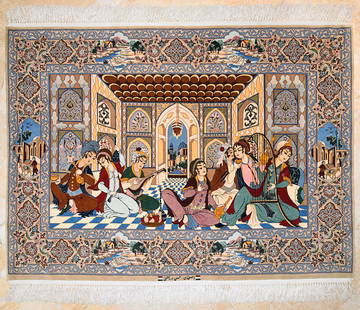 Isfahan Carpet - Hassan Dar Dashti: An Isfahan pictorial carpet representing a musical feast. Circa 1970 Approx. 161x116cm 