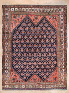 Hamadan Rug: A Hamadan rug, classic repeating pattern on blue base 20th century. Approx. 199x149cm 