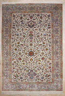 Isfahan Carpet. Signed: A silk Isfahan carpet of floral designs. Circa 1970. Signed. Approx. 207x134cm 