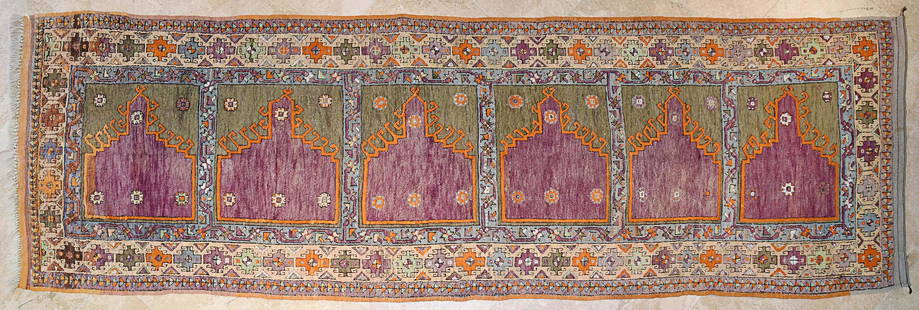 Turkish Prayer Design Carpet: An early 20th century Turkish multi prayer design carpet wool on wool with purple, green and beige color. Circa 1900 Approx. 370x117cm 