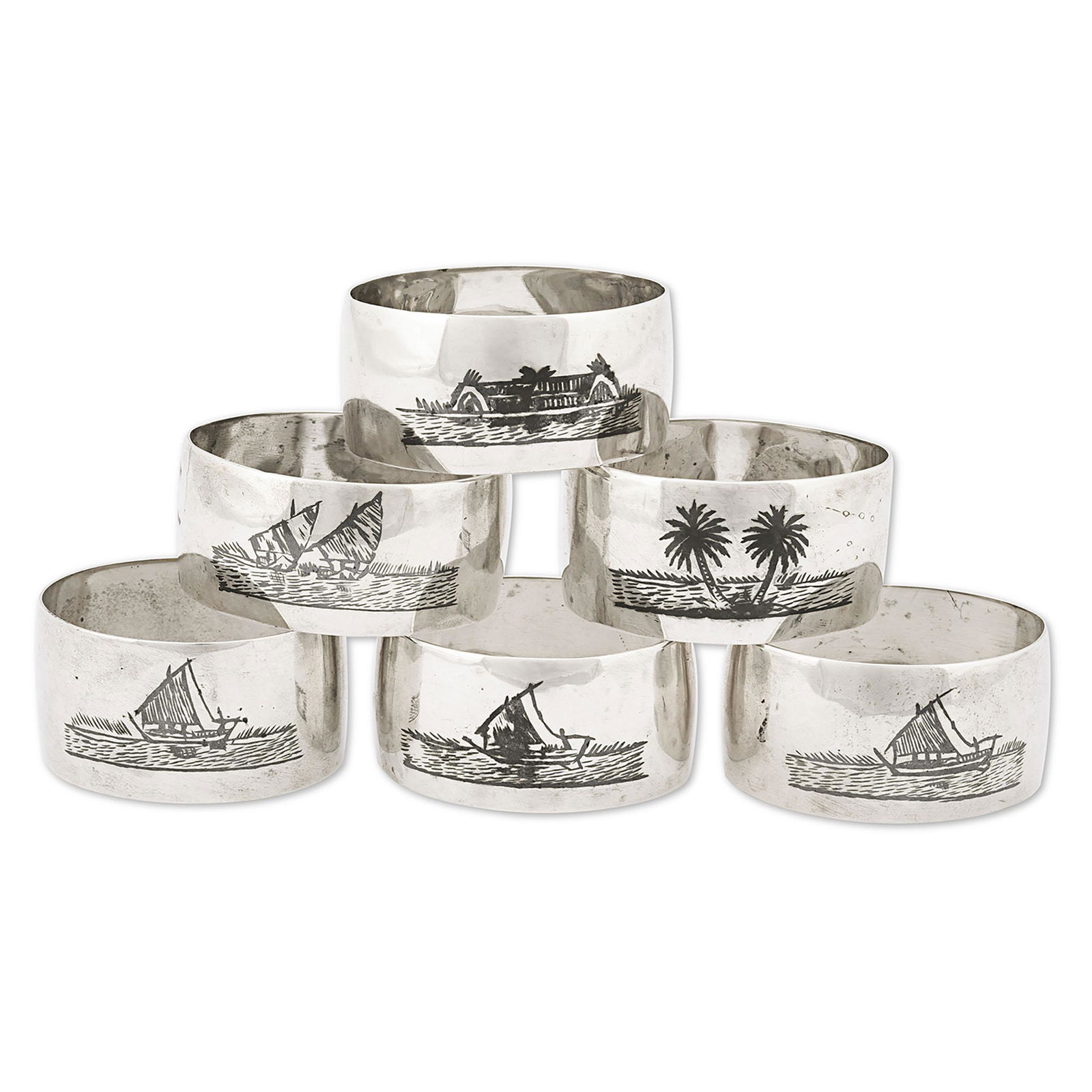 Iraqi niello silver group of six napkin rings. (1 of 2)