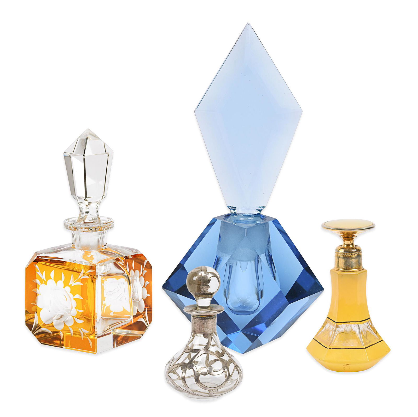A group of 4 European glass perfume bottles. (1 of 9)
