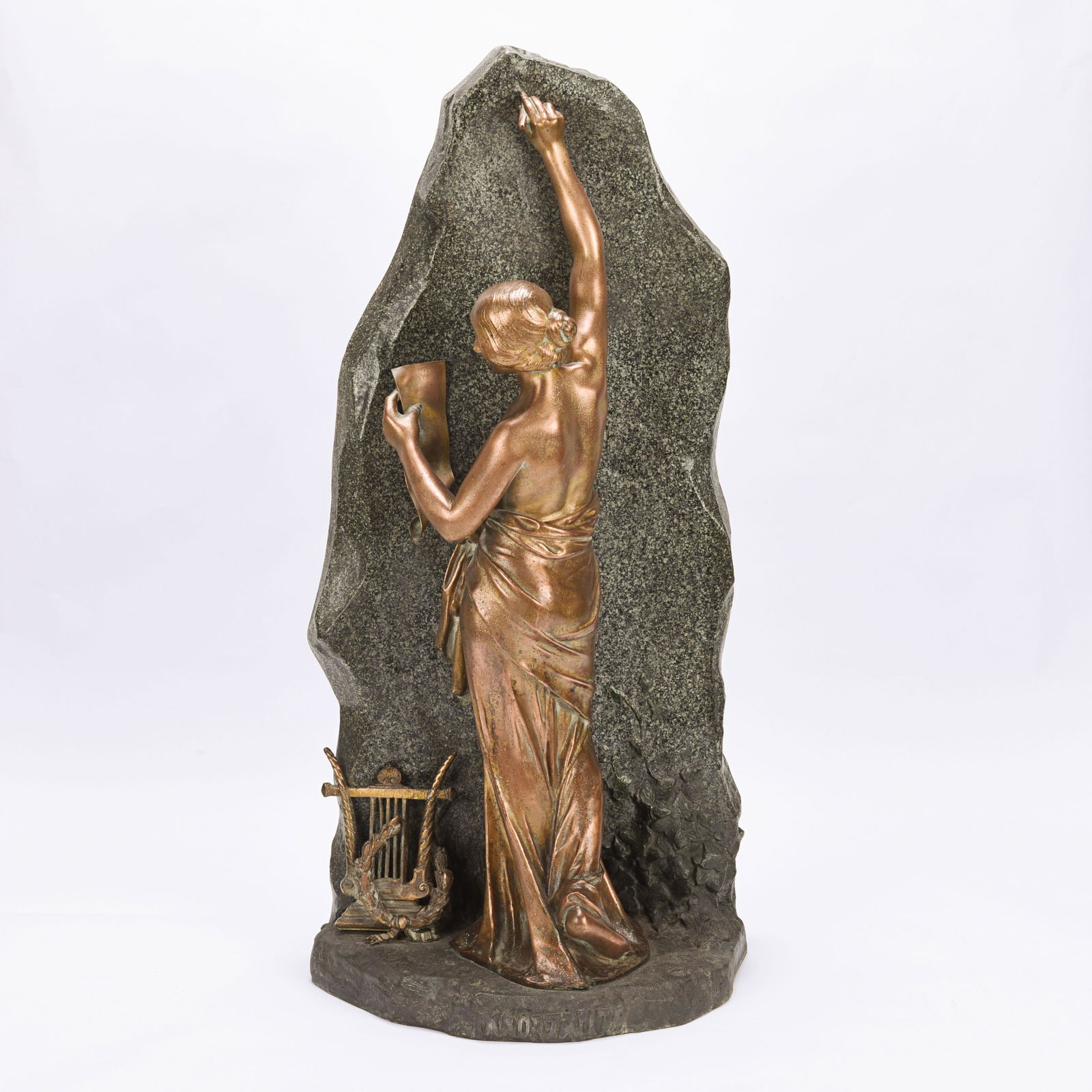 An Art Nouveau style patinated cast metal figure.: An Art Nouveau style patinated cast metal figure of immortality or of immortal fame, female sculpture, after French sculptor Julien Causse (1869-1914), titled L'Immortalite. Signed with "J. Causse". F