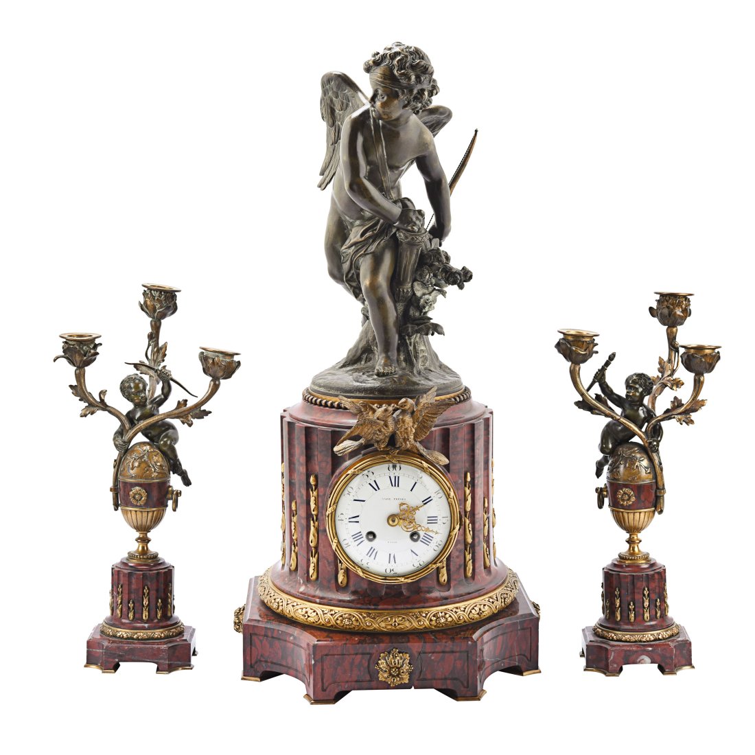 A French gilt and patinated bronze and marble figural mantel clock. (1 of 8)