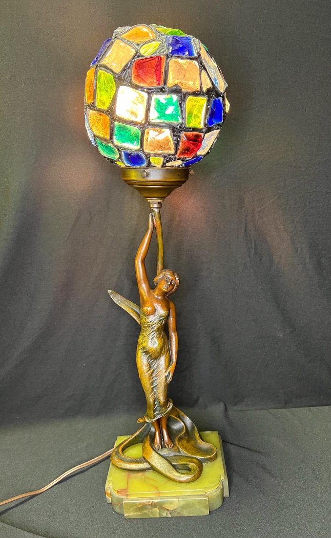 Art Nouveau French figural lamp with chunky leaded glass shade: Art Nouveau French figural lamp with chunky leaded glass shade.Measures approx. 23 1/2” tall including shade.