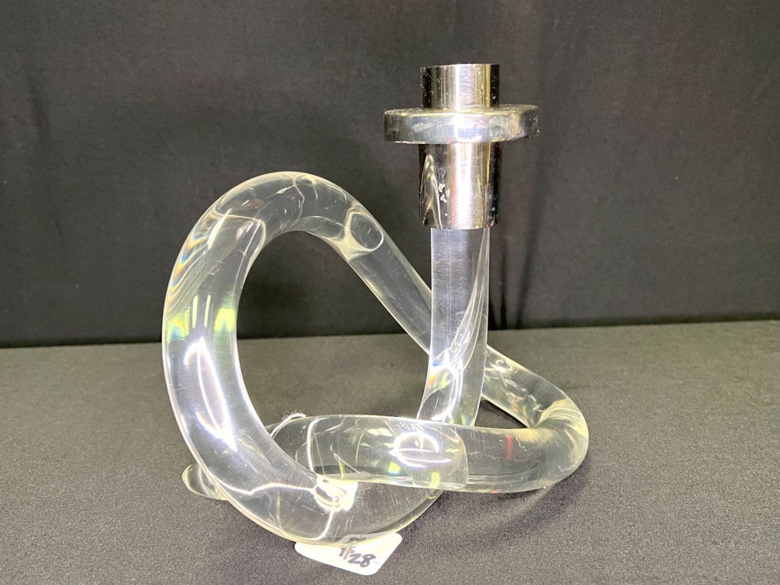 Mid Century Chrome and Lucite Candleholder by Dorothy Thorpe: Mid Century Chrome and Lucite Candleholder by Dorothy Thorpe. 7 3/4"H X 6"W X 8 1/4"D