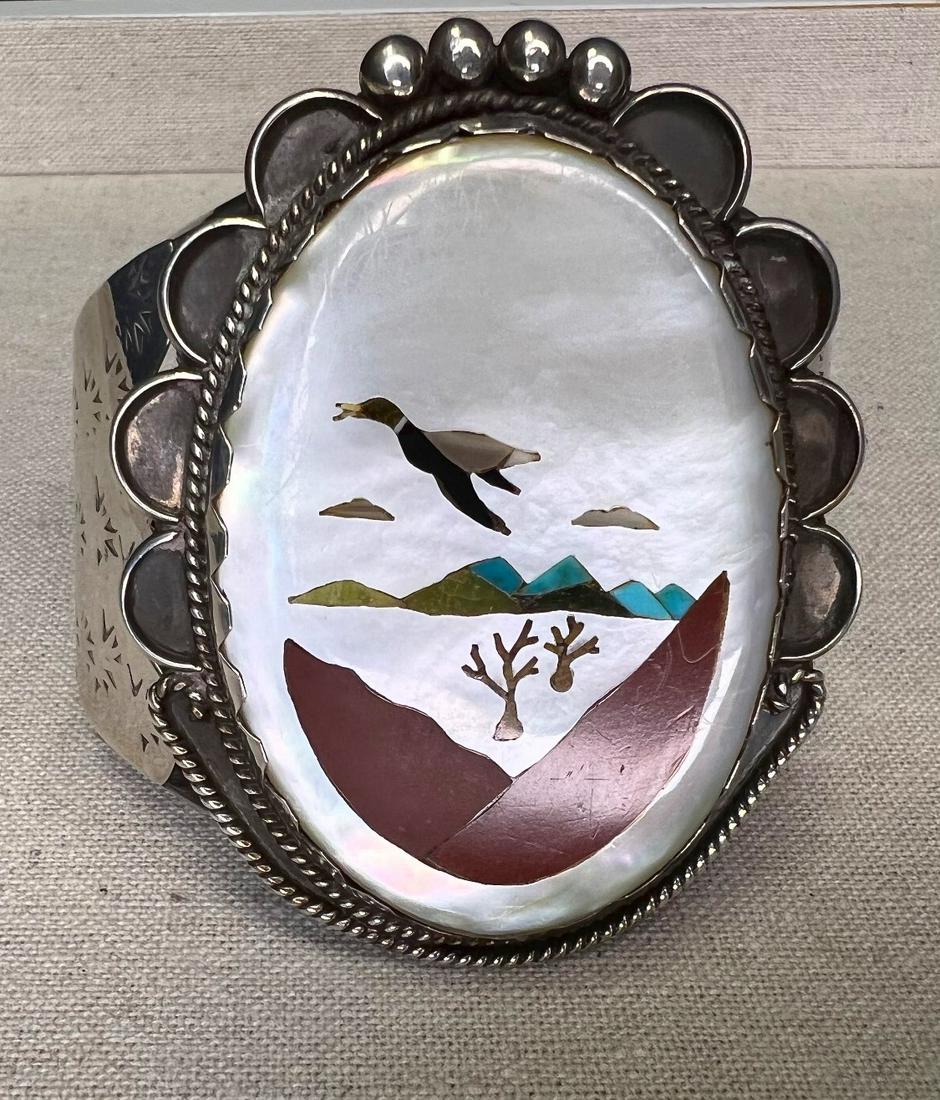 Vintage Zuni Sterling Silver, MOP, Turquoise,Onyx and Catlinite Cuff Bracelet (1 of 6)