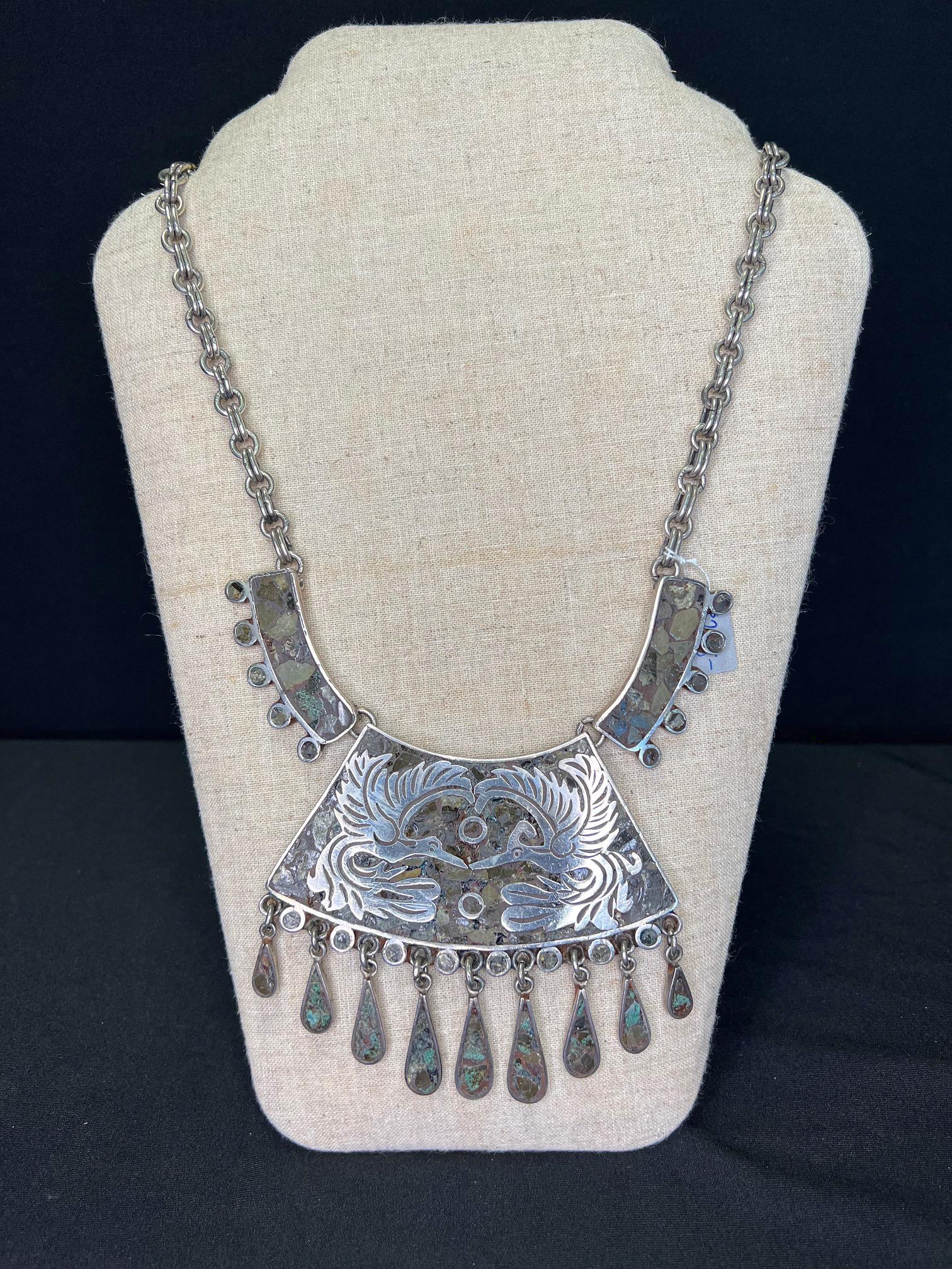 Vintage Sterling Silver Green Stone Inlay and Bird Motif (1 of 5)